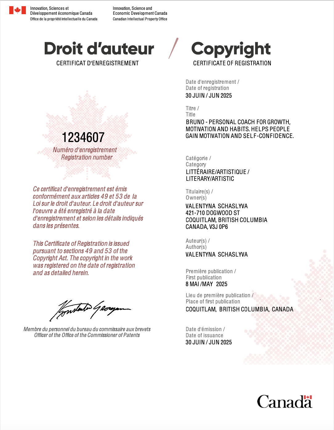 Bruno Coach Copyright Certificate